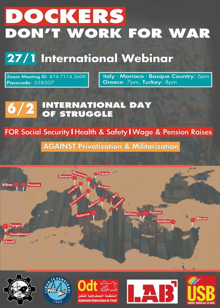 "I portuali non lavorano per la guerra"- il 6 febbraio sciopero internazionale in almeno 21 scali del Mediterraneo