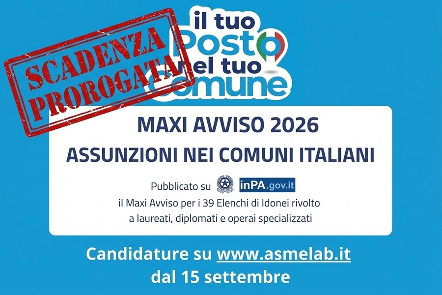 Maxi avviso ASMEL 2026, boom di candidature: prorogata la scadenza al 15 ottobre Maxi avviso ASMEL 2026, boom di candidature: prorogata la scadenza al 15 ottobre